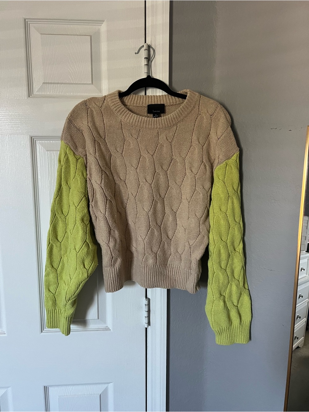 Beige Cable Knit Sweater with Lime Green Sleeves